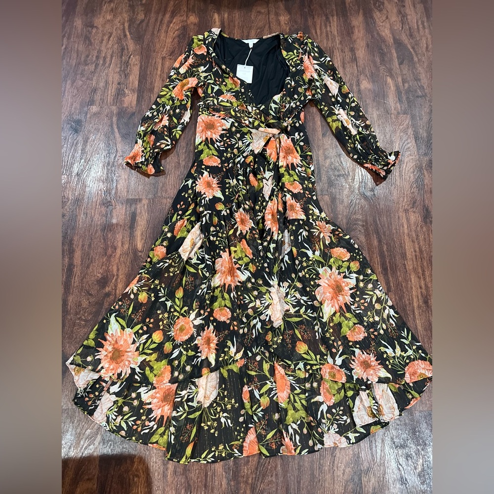 LC Lauren Conrad Black Floral Wrap Dress with Orange and Green Accents